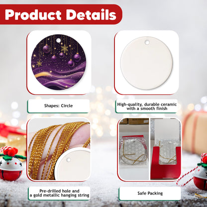 Netecom Elegant Purple Abstract Baubles Christmas Ornaments, Ceramic Star Night Gold Sparkle Keepsake Ornament for Xmas Tree Decorations, Gifts for Holiday, Party, Home Decor