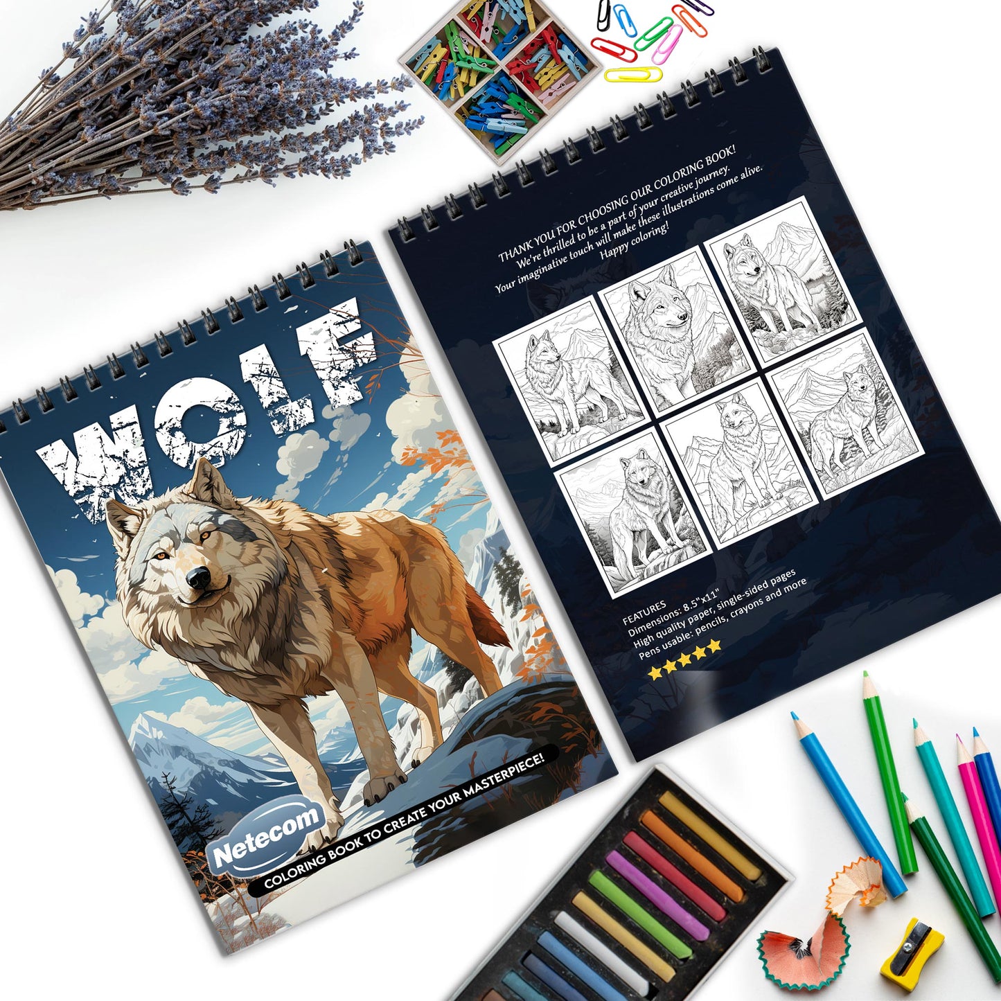 Wolf Spiral Bound Coloring Book, Majestic Wolves in Artistic Scenes, Ideal for Animal Lovers and Those Seeking Powerful and Serene Art