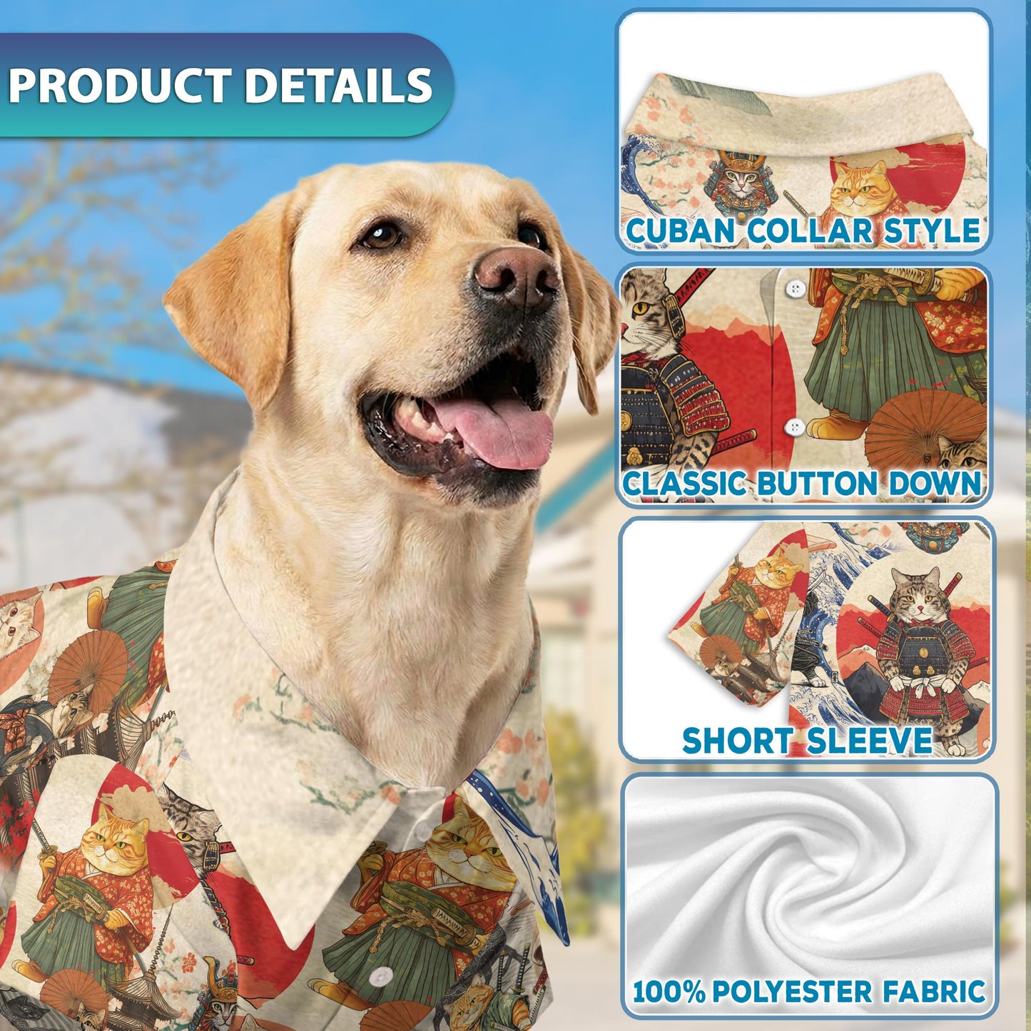 Netecom Matching Japanese Samurai Cat Hawaiian Shirt for Dog and Owner, Aloha Summer Shirt, Samurai Cat Print Outfit for Pet and Human, Beach Vacation Casual Wear