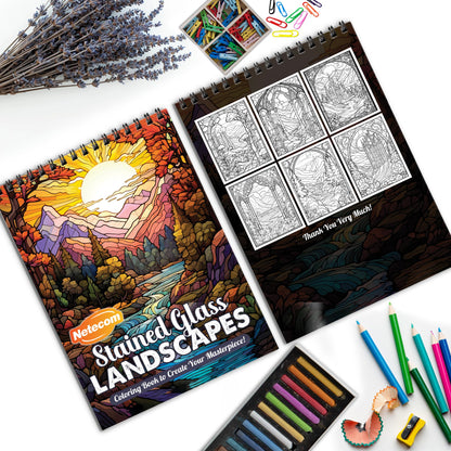 Stained Glass Landscapes Spiral Bound Coloring Book, Stunning Stained Glass Landscape Scenes, Ideal for Fans of Vibrant and Artistic Challenges