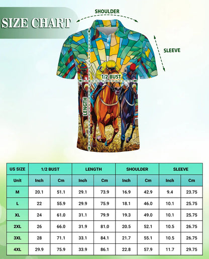 Stained Glass Horse Racing 3D Polo Shirt for Men – Colorful Jockey Derby Style | Netecom