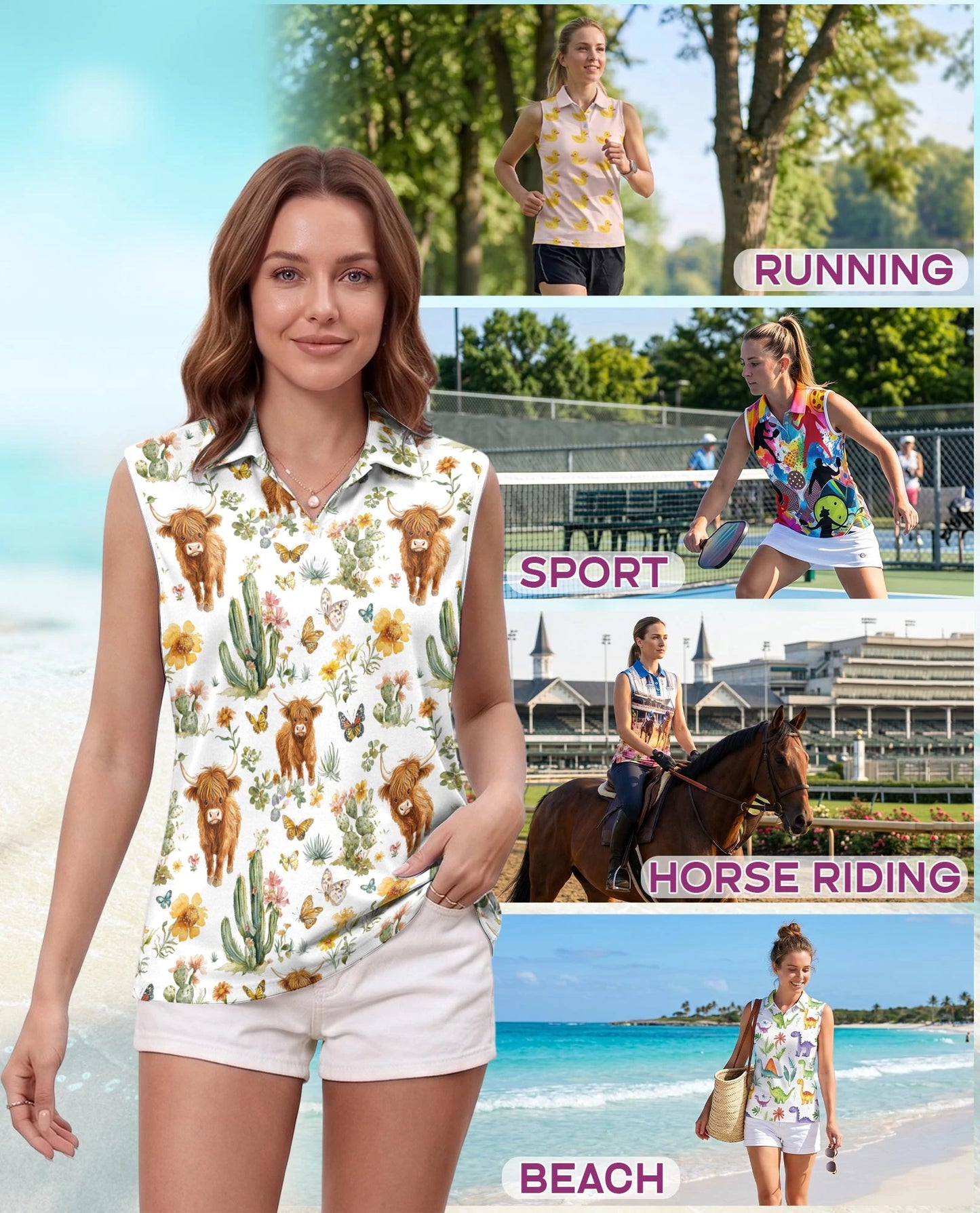 Cute Highland Cattle Sleeveless Polo Shirt for Women | Netecom