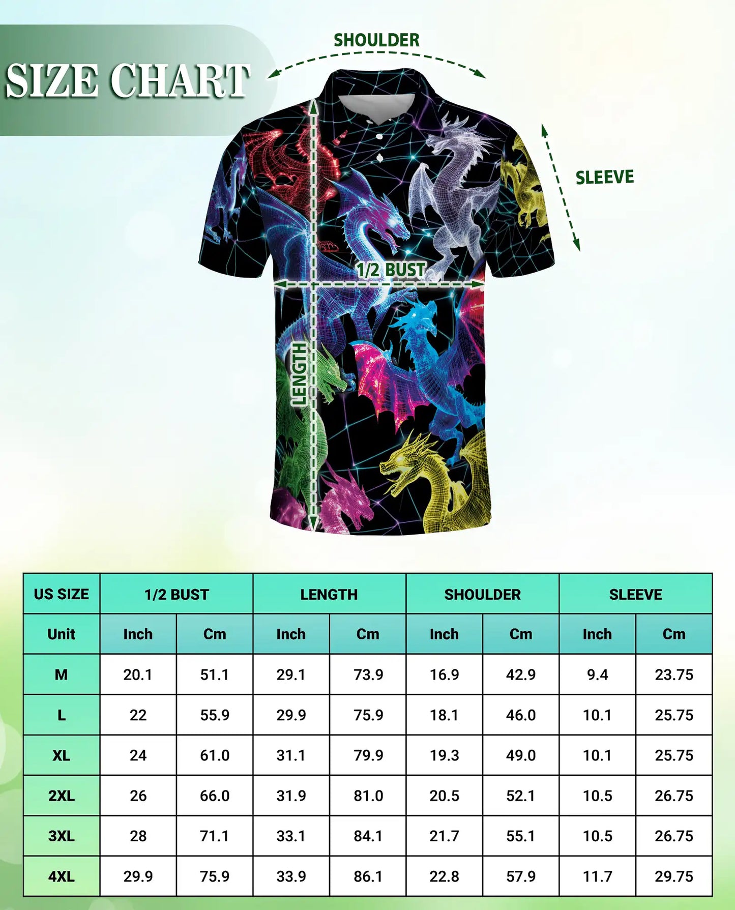 Neon Cyber Dragon 3D Polo Shirt for Men – Futuristic Fantasy Creature Style | Netecom
