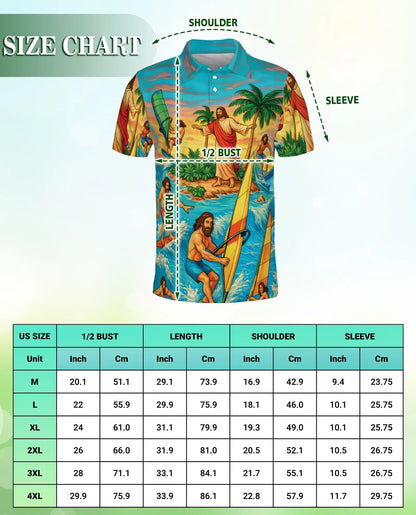 Jesus Surfing Tropical Beach 3D Polo Shirt for Men – Christian Summer Island Style | Netecom