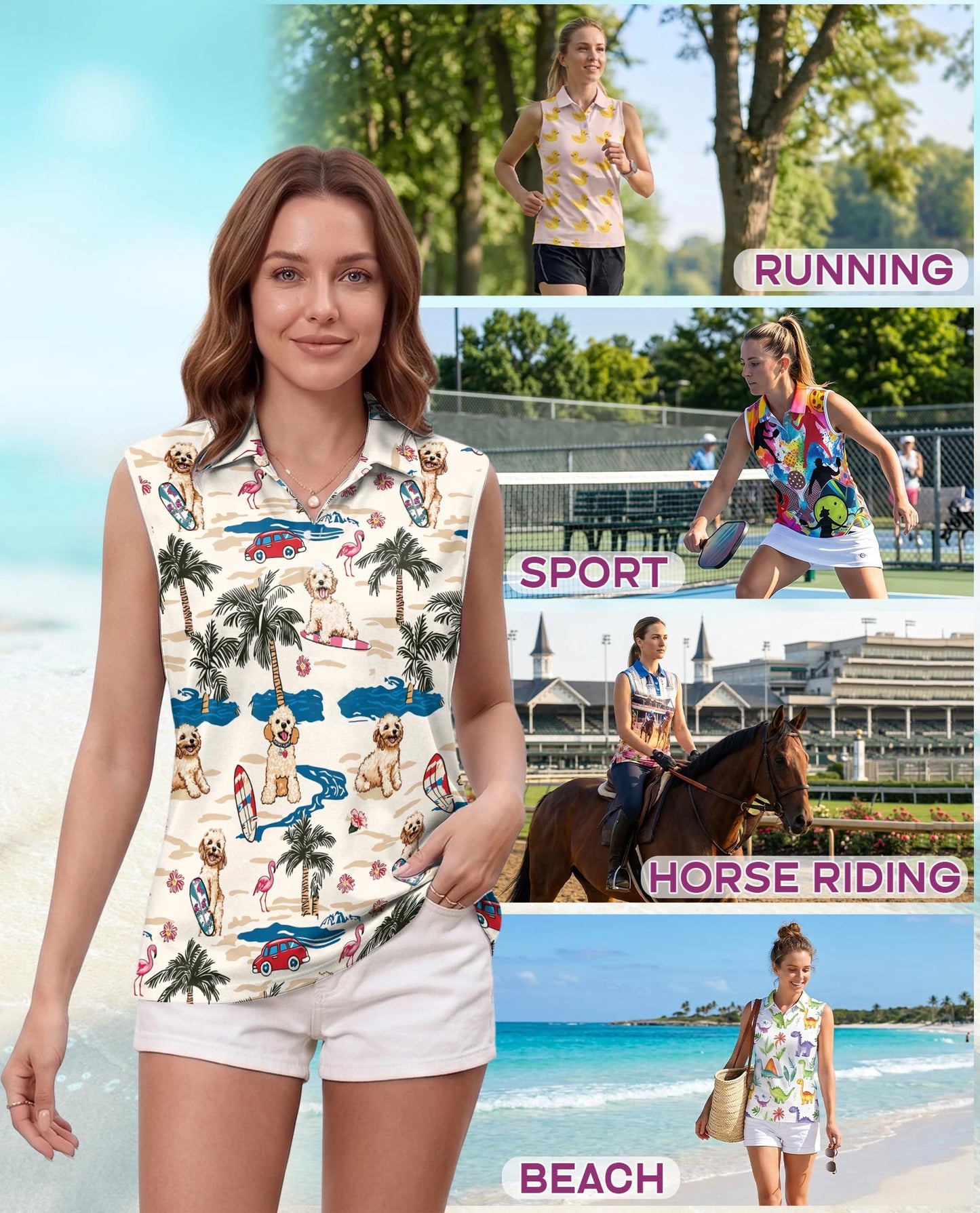 Goldendoodle Summer Beach Sleeveless Polo Shirt for Women | Netecom