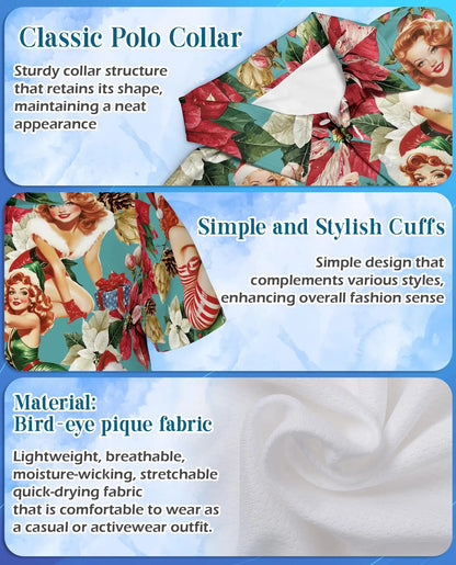Vintage Christmas Pin Up Girl 3D Polo Shirt for Men – Retro Holiday Style | Netecom