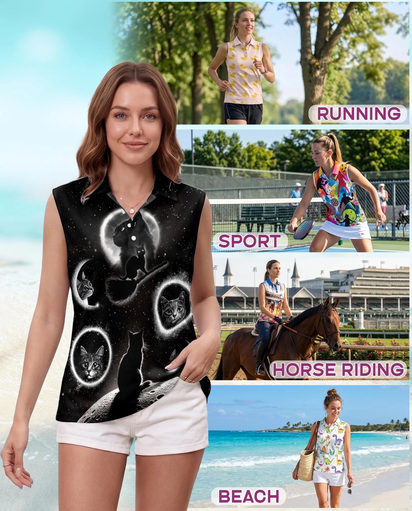 Black Cat Moonlight Sleeveless Polo Shirt for Women | Netecom