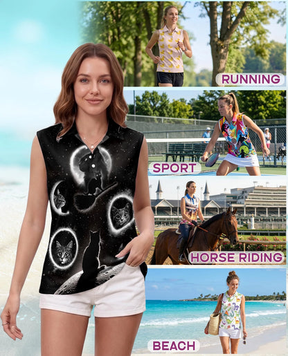 Black Cat Moonlight Sleeveless Polo Shirt for Women | Netecom