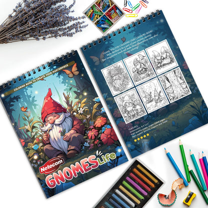 Gnomes Life Spiral Bound Coloring Book, Delightful Gnomes in Whimsical Settings, Ideal for Fans of Fantasy and Charming Garden Scenes