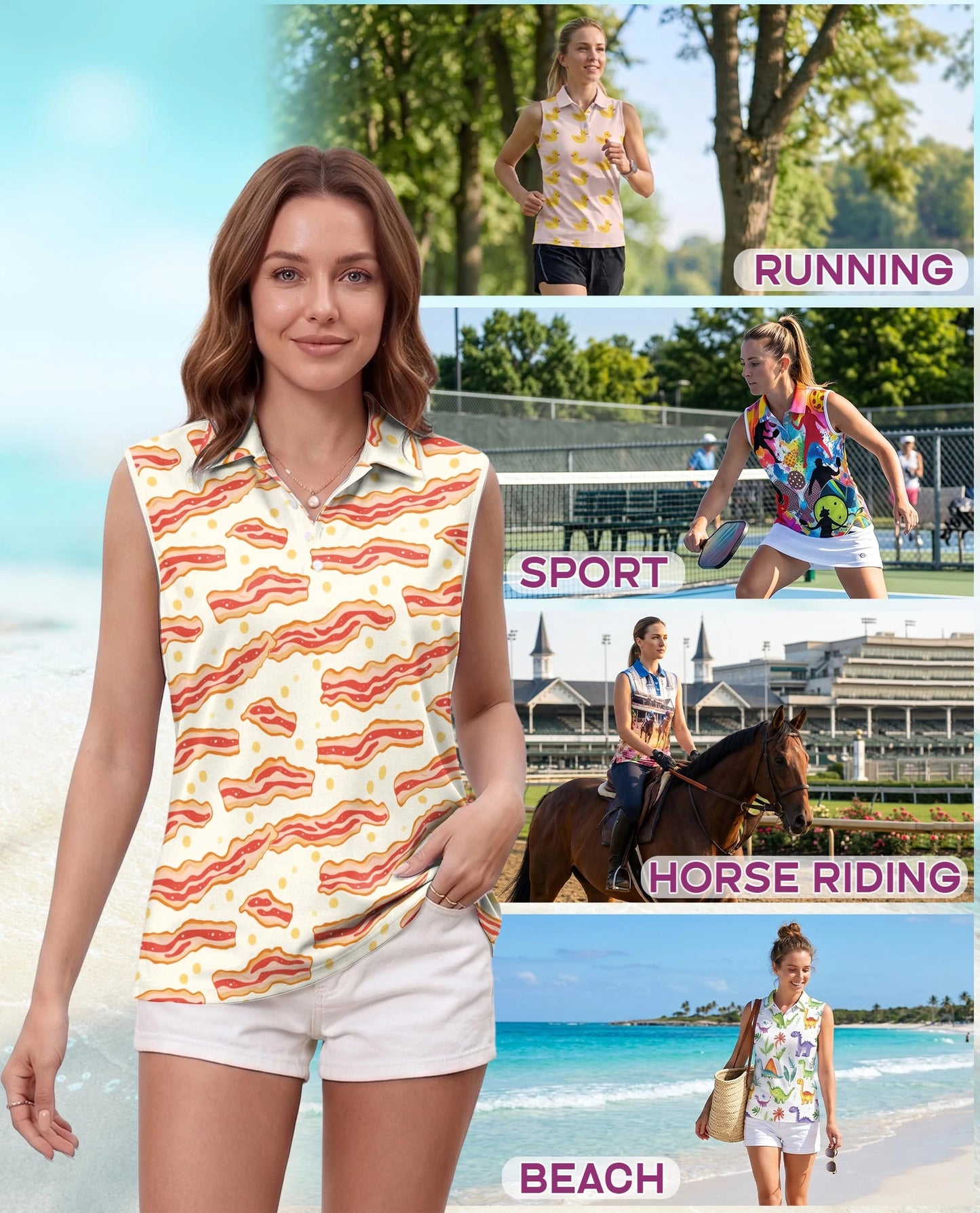 Bacon Eggs Pattern Sleeveless Polo Shirt for Women | Netecom