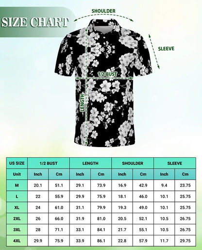 Black White Floral Hawaiian 3D Polo Shirt for Men | Netecom