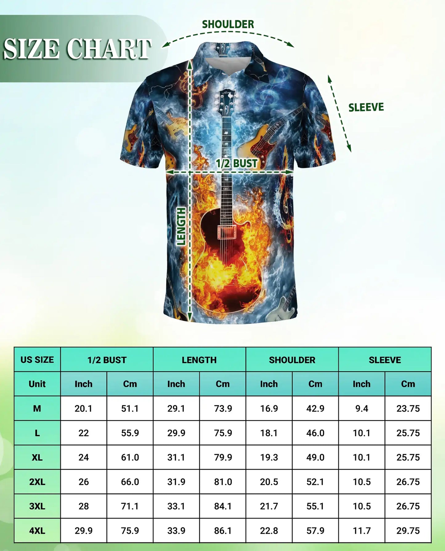 Flaming Guitar 3D Polo Shirt for Men – Rock Music Fire Storm Style | Netecom