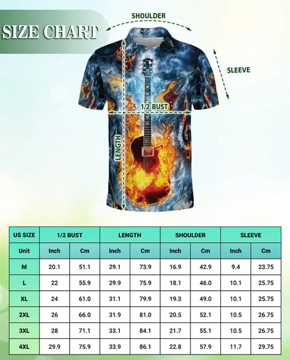Flaming Guitar 3D Polo Shirt for Men – Rock Music Fire Storm Style | Netecom