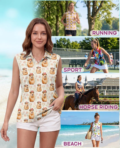 Capybara Flower Crown Sleeveless Polo Shirt for Women | Netecom