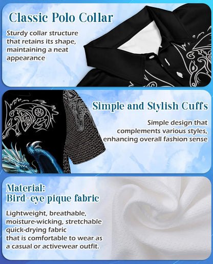 Blue Dragon Cross Polo Shirt for Men - Fantasy Medieval Dragon | Netecom