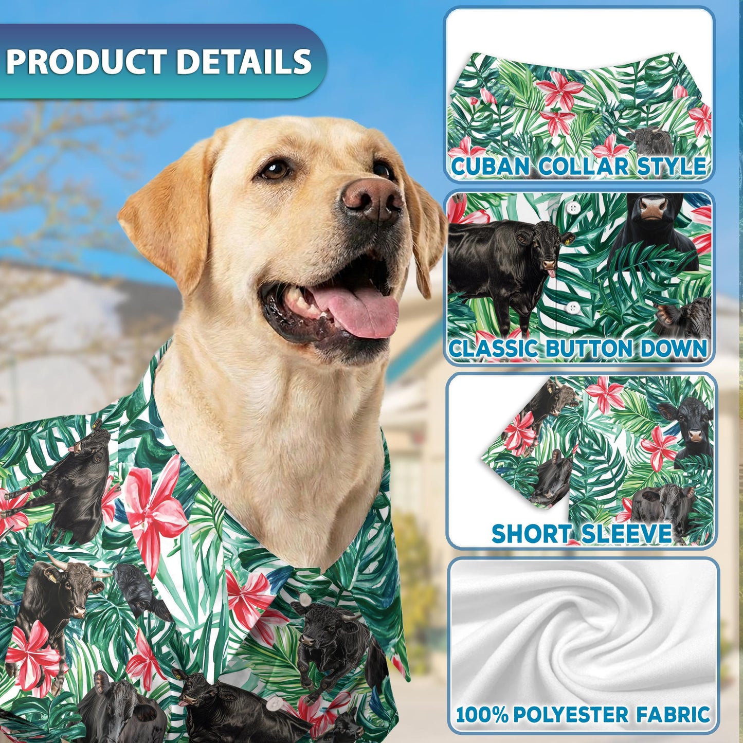 Netecom Matching Black Angus Cattle Hawaiian Shirt for Pet and Owner, Cattle Lovers Aloha Summer Shirt, Tropical Plant Cow Print Outfit for Dog and Human, Casual Beach Vacation Wear