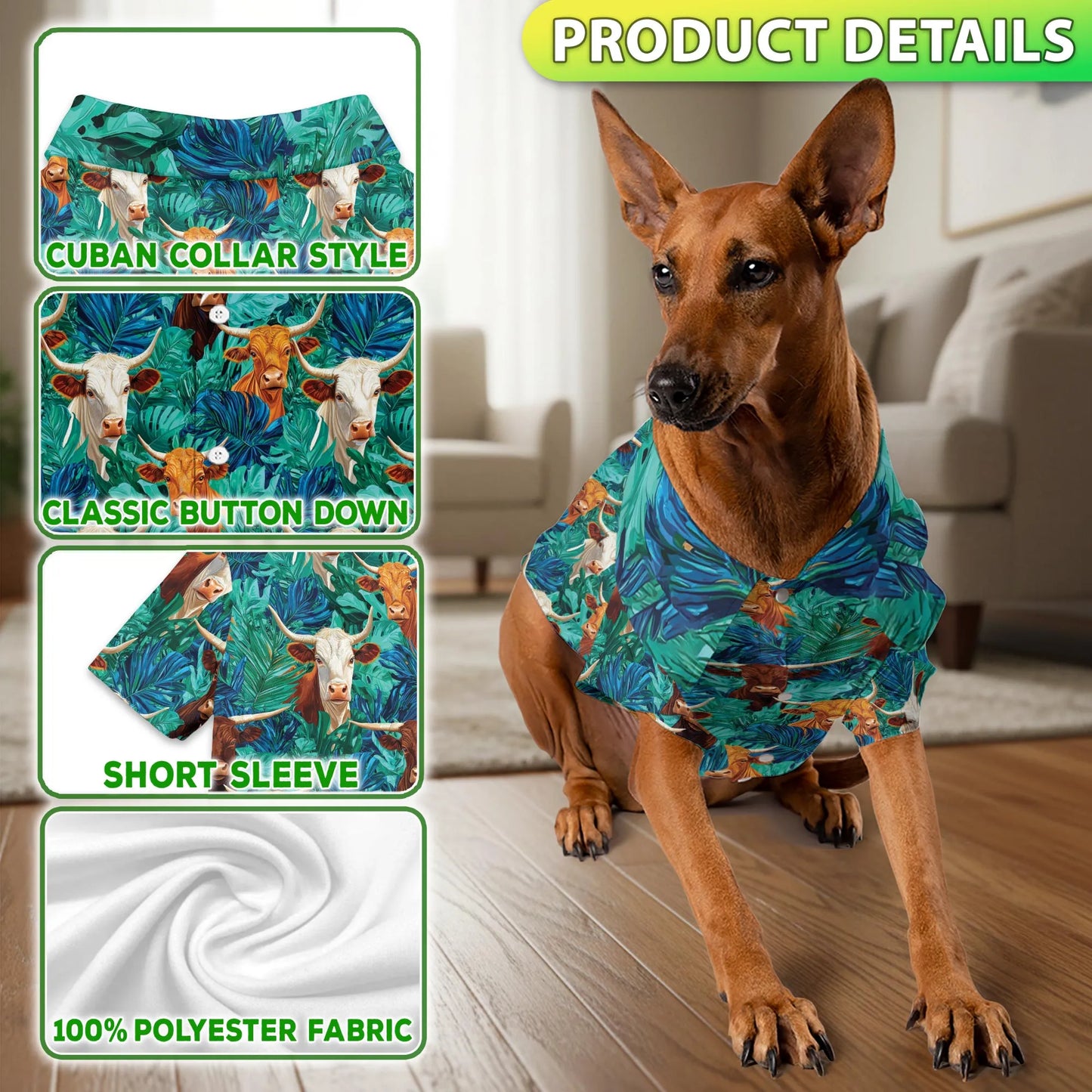 Texas Longhorn Cattle Tropical Leaf Print Hawaii Dog and Owner Matching Button Shirts
