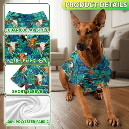 Texas Longhorn Cattle Tropical Leaf Print Hawaii Dog and Owner Matching Button Shirts