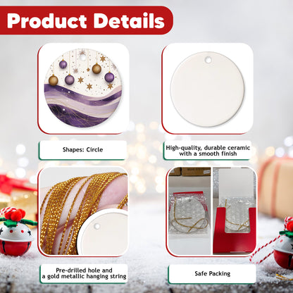 Netecom Elegant Purple and Gold Abstract Baubles Christmas Ornaments, Ceramic Hanging Balls with Glitter Star Keepsake Ornament for Xmas Tree Decorations, Gifts for Holiday, Party, Home Decor
