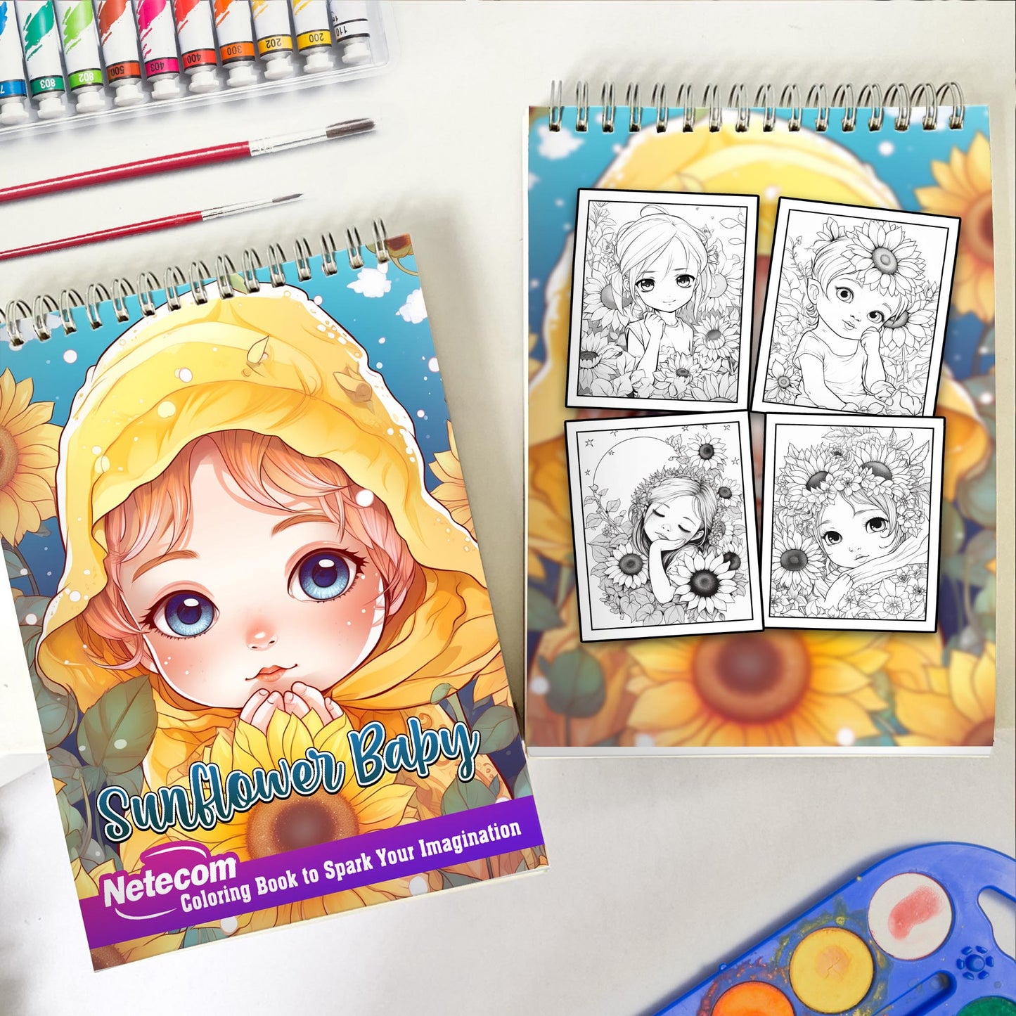 Sunflower Baby Spiral Bound Coloring Book, Unleash Your Creativity with 30 Adorable Coloring Pages, Bringing Together Babies and Sunflowers in Whimsical Artwork