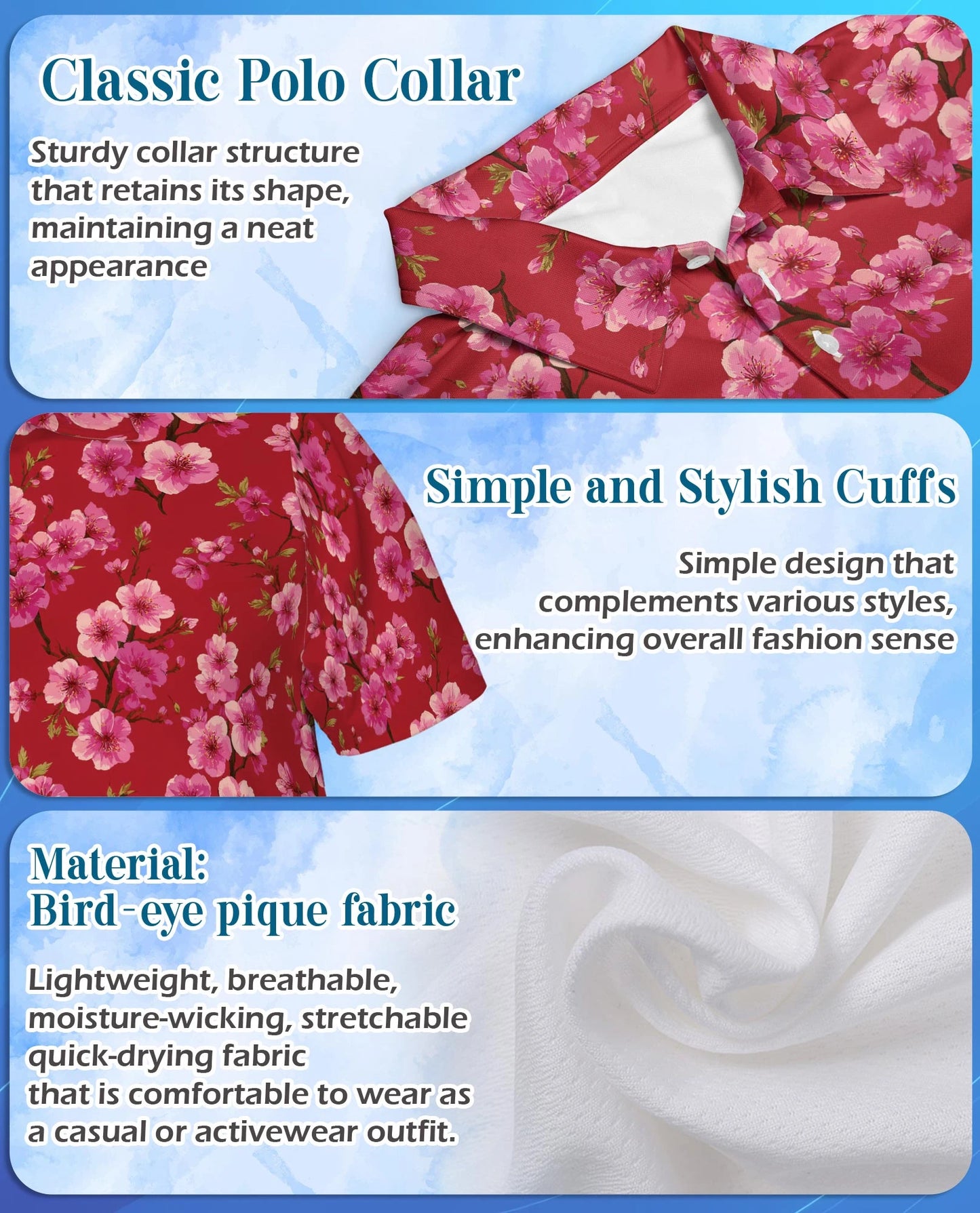 Red Cherry Blossom Polo Shirt for Men – Japanese Sakura Floral Style | Netecom