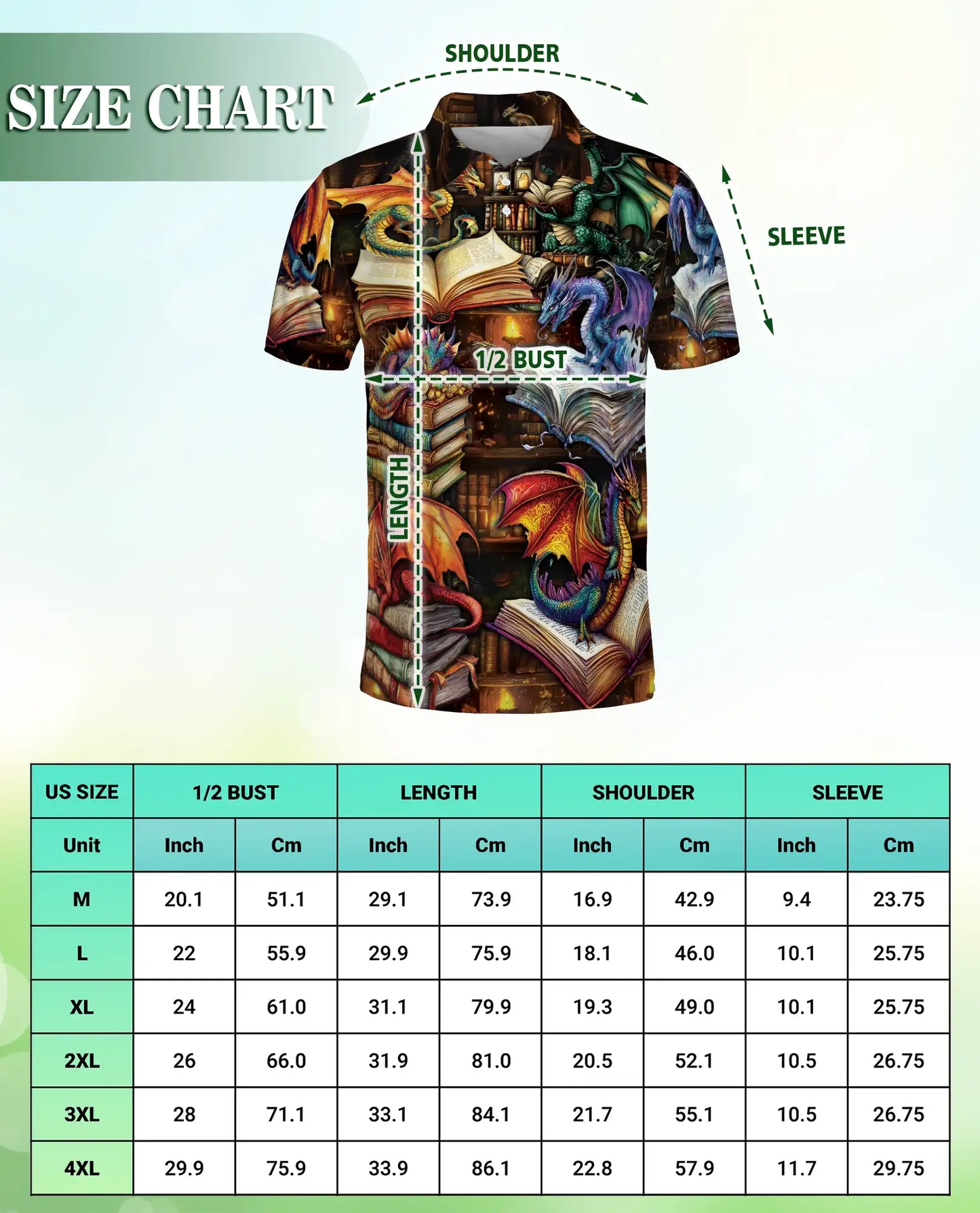 Fantasy Dragon Library 3D Polo Shirt for Men – Magical Book Art Style | Netecom