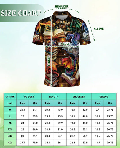 Fantasy Dragon Library 3D Polo Shirt for Men – Magical Book Art Style | Netecom