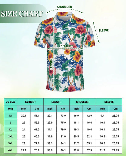 Hawaiian Polo Shirt – Palm Tree Wave Hibiscus Print | Netecom