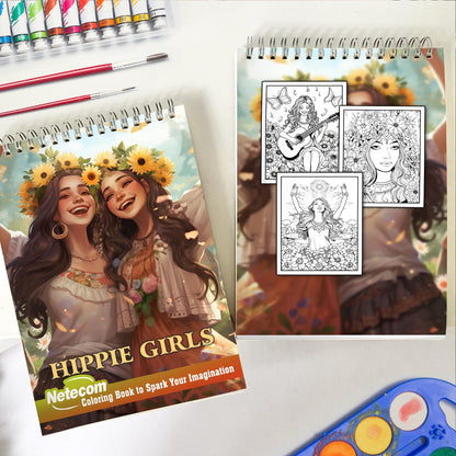 Hippie Girls Spiral Bound Coloring Book, Unleash Your Creativity with 30 Whimsical Coloring Pages of Hippie Girls