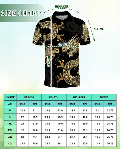 Gold Dragon 3D Polo Shirt for Men – Black Asian Fantasy Art Style | Netecom
