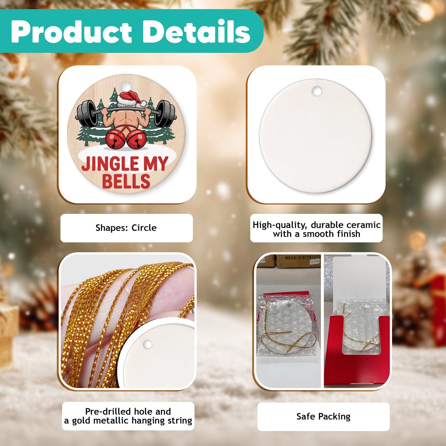 Netecom Funny Weightlifting Santa Ornaments, Jingle My Bells Ceramic Ornament for Christmas Tree Hanging Decorations Gift, Fitness Lover Gifts, Holiday Party Present