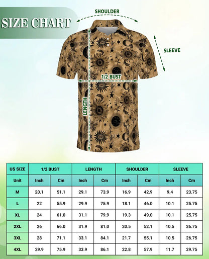 Celestial Sunflower Polo Shirt for Men-Boho Moon Stars Botanical Floral Shirt | Netecom