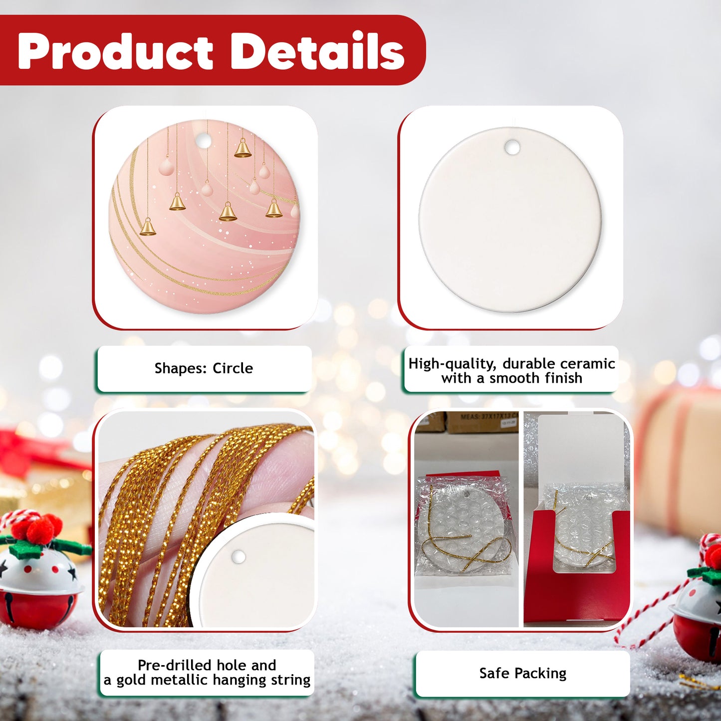 Netecom Elegant Pink Baubles Christmas Ornaments, Ceramic Bell with Glitter Swirl Keepsake Ornament for Xmas Tree Decorations, Gifts for Holiday, Party, Home Decor