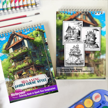 Relaxing Ghibli House Style Spiral Bound Coloring Book, Amazing Adults Coloring Book with Stress Relieving Designs of Ghibli House Style For Anxiety Relief and Relaxation