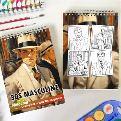 30s Masculine Spiral Bound Coloring Book, Unwind with 30 Serene Coloring Pages, Providing Therapeutic Relaxation and a Sense of Timeless Masculine Grace