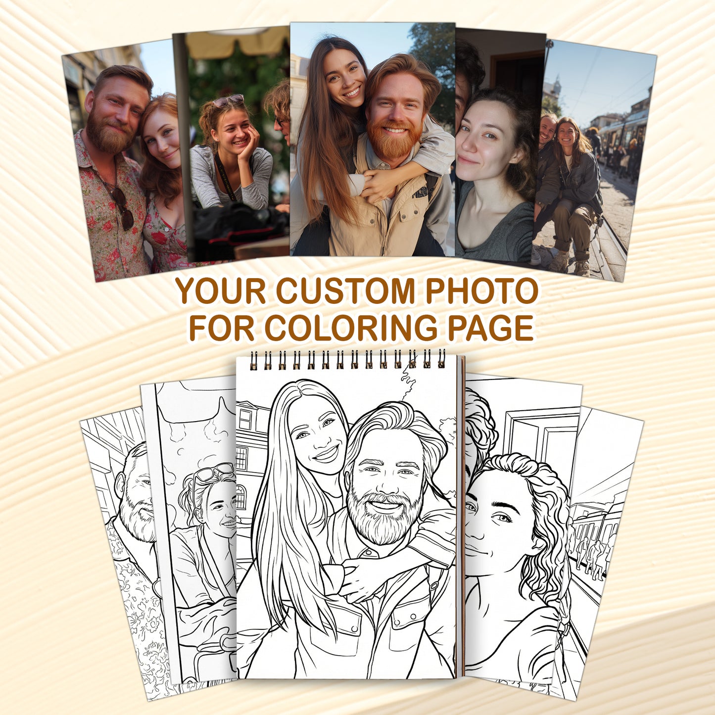 Personalized Couple Memory Coloring Book for Adults – Custom Coloring Pages from Your Photos , 12–48 Pages, Keepsake for Newlyweds, Premium Wooden Cover, Spiral Binding