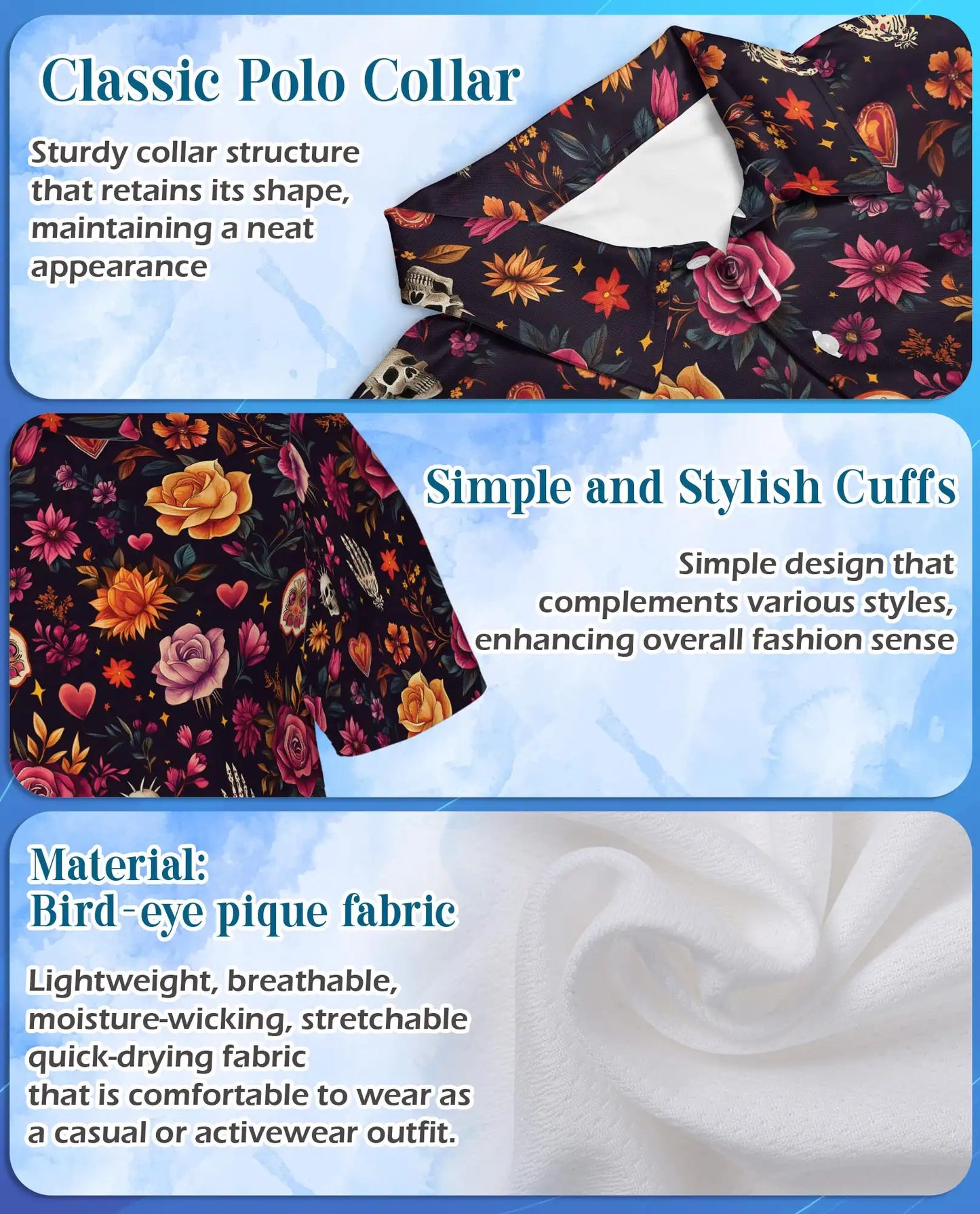 Floral Sugar Skull Polo Shirt for Men-Gothic Rose Skeleton Inspired | Netecom