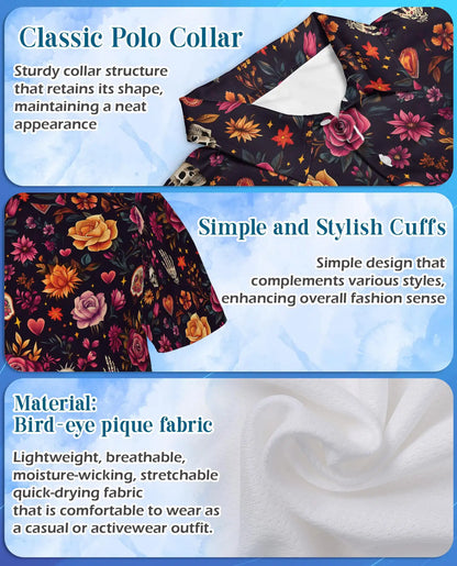 Floral Sugar Skull Polo Shirt for Men-Gothic Rose Skeleton Inspired | Netecom