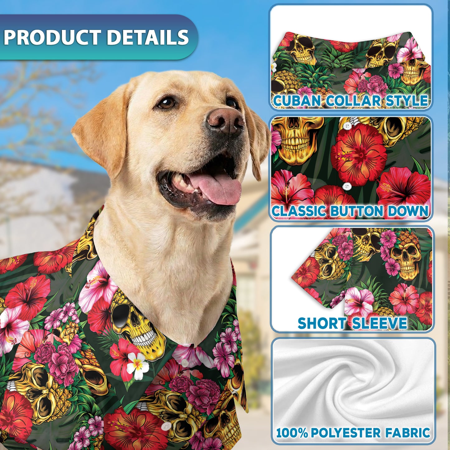 Netecom Matching Pineapple Skull Hibiscus Hawaiian Shirt for Dog and Owner, Funny Aloha Summer Shirt, Skull Print Button Down Outfit for Pet and Human, Beach Vacation Casual Wear