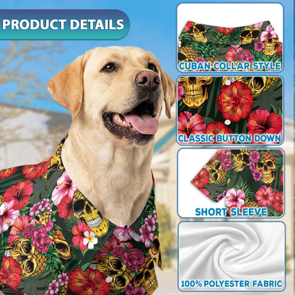 Netecom Matching Pineapple Skull Hibiscus Hawaiian Shirt for Dog and Owner, Funny Aloha Summer Shirt, Skull Print Button Down Outfit for Pet and Human, Beach Vacation Casual Wear