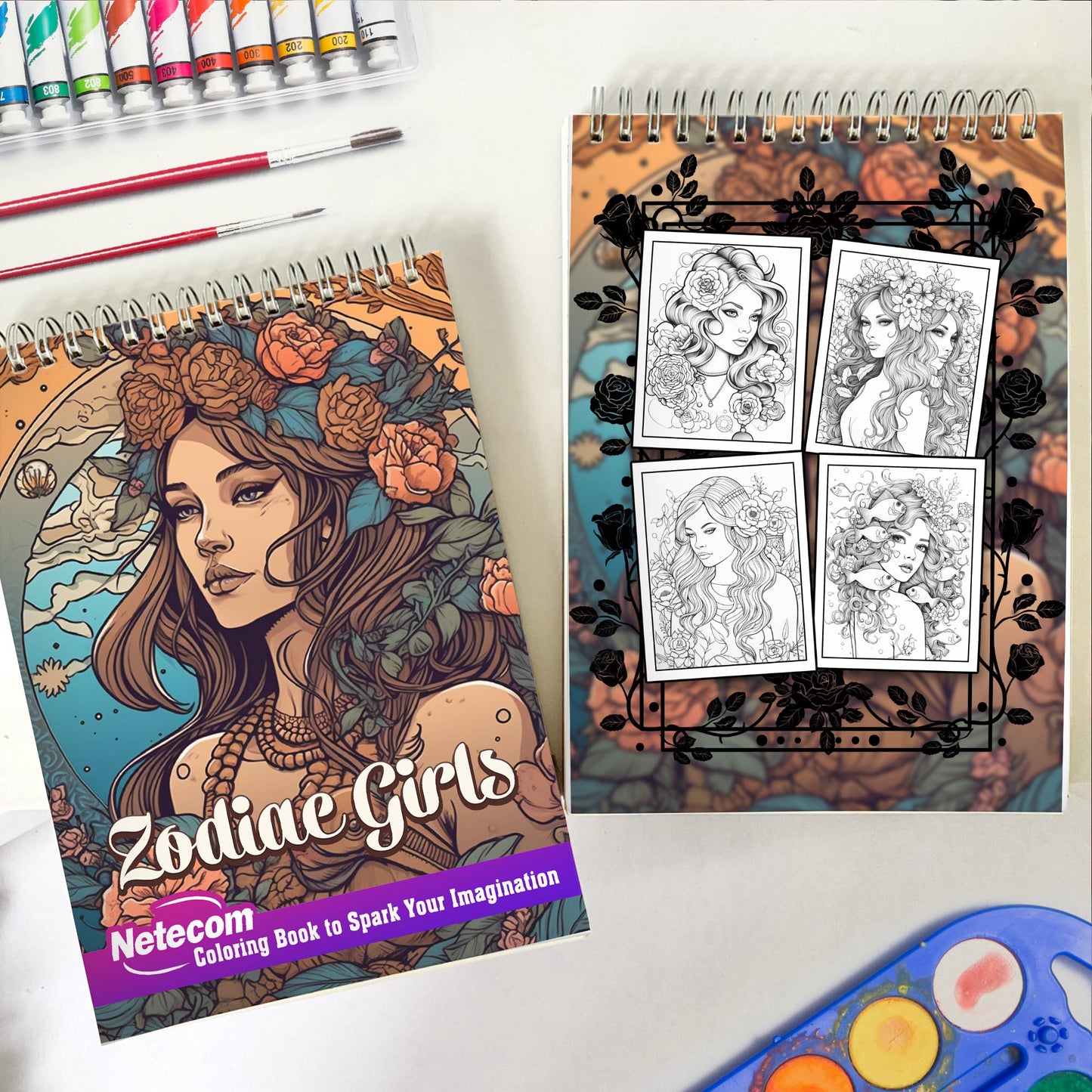 Zodiac Girls Spiral Bound Coloring Book, Embark on a Coloring Adventure with 30 Zodiac Girls Coloring Pages, Celebrating the Beauty and Power of the Zodiac Signs