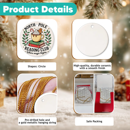 Netecom Classic Reading Book and Coffee Cup Ornament, Reading Club Ceramic Ornament for Xmas Tree Hanging Decorations Gift, Book Lover Gifts for Women Librarian Teacher Bookworm Literature