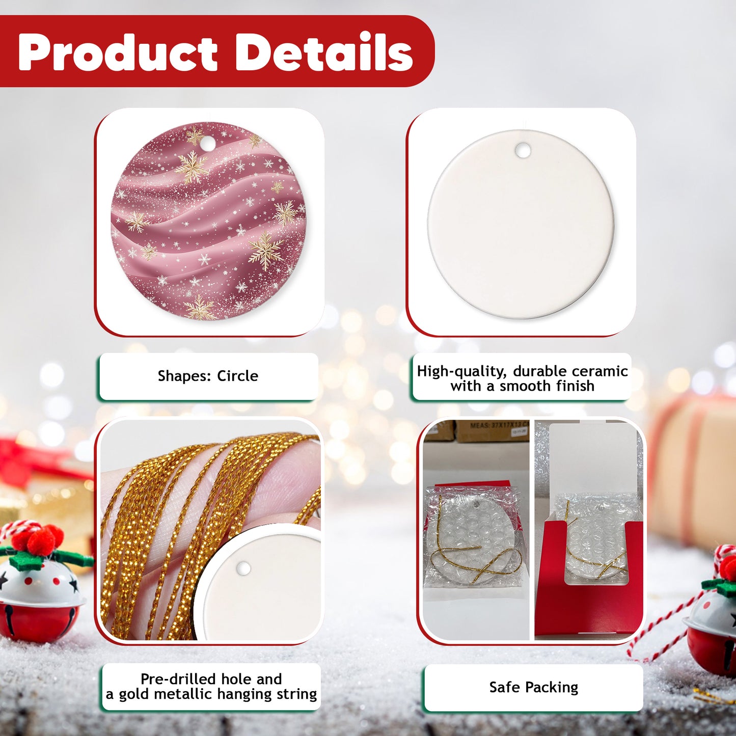 Netecom Elegant Marble Texture Pattern Pink Ornament, Ceramic Gold Glitter Snowflakes Keepsake Ornaments for Xmas Tree Decorations, Gifts for Holiday, Party, Home Decor