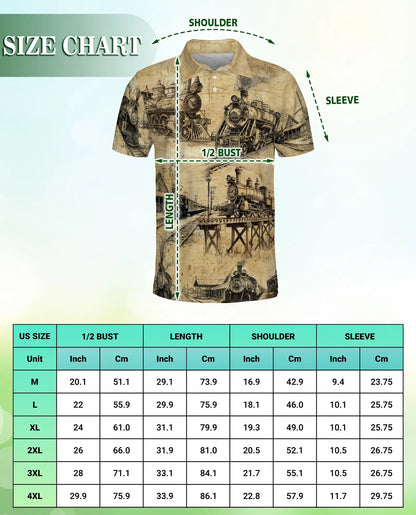Vintage Steam Train Polo Shirt – Classic Railroad Blueprint Art | Netecom