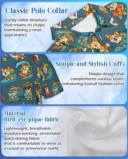 Cartoon Corgi Surfing Polo Shirt for Men – Cute Dog Beach Style | Netecom
