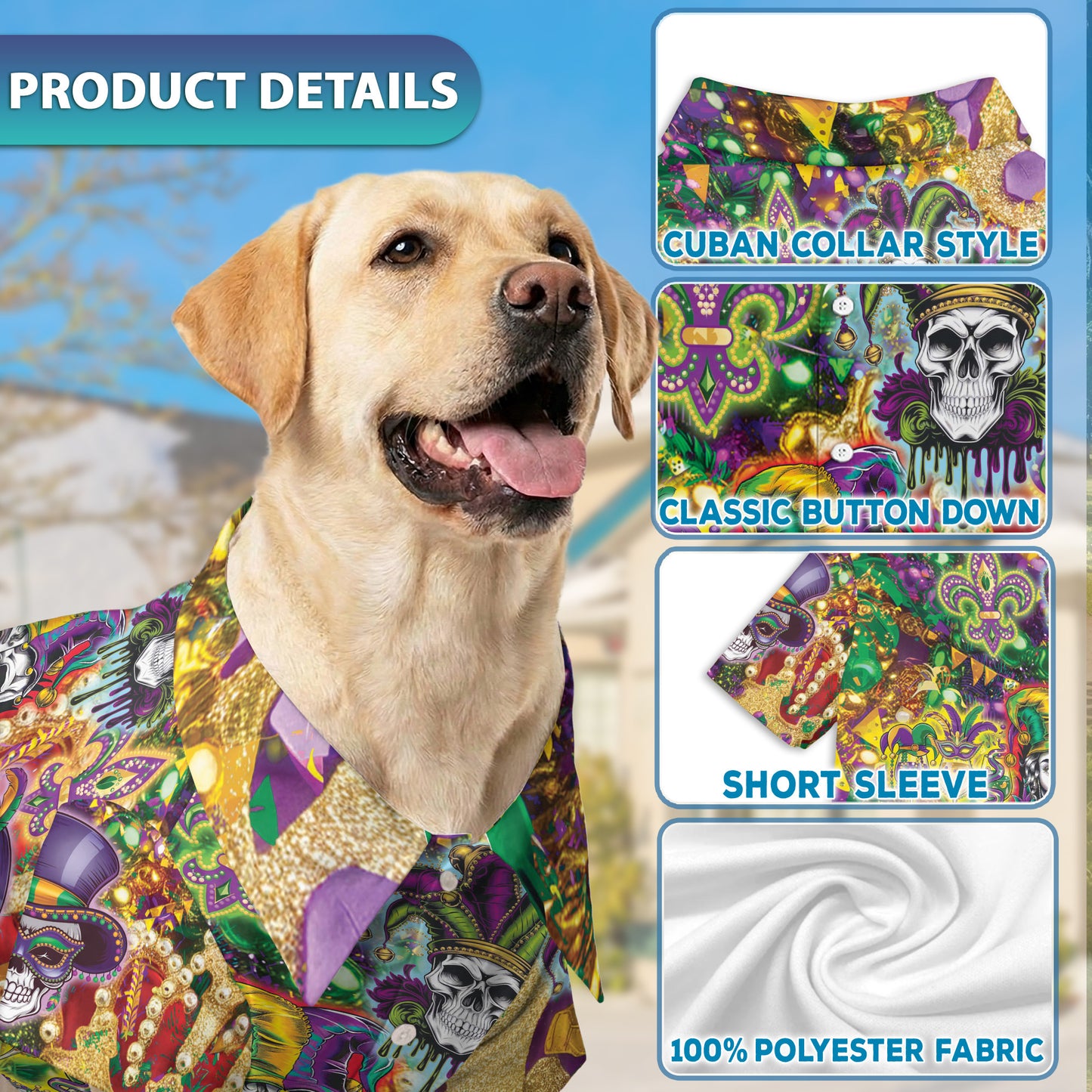 Netecom Matching Skulls Mardi Gras Hawaiian Shirt for Dog and Owner, Festive Aloha Summer Shirt, Skull Print Button Down Outfit for Pet and Human, Beach Vacation Casual Wear