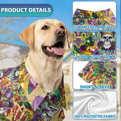 Netecom Matching Skulls Mardi Gras Hawaiian Shirt for Dog and Owner, Festive Aloha Summer Shirt, Skull Print Button Down Outfit for Pet and Human, Beach Vacation Casual Wear