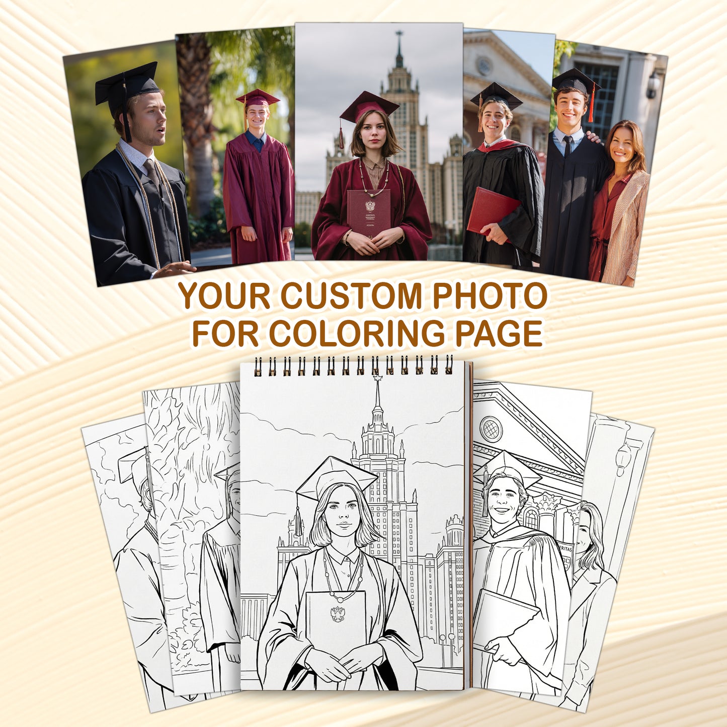 Personalized Graduation Coloring Book for Adults, Custom Coloring Pages from Your Graduation Photos, 12–48 Pages, Class of 2026 Gifts, Premium Wooden Cover, Spiral Binding