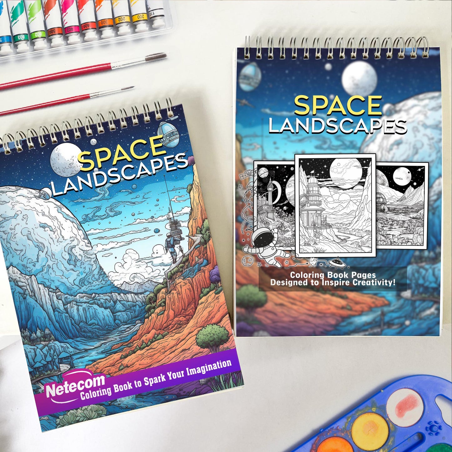 Space Landscapes Spiral Bound Coloring Book, A beautiful coloring book for adults, teens and children providing fun, stress relief and relaxation featuring amazing high contrast drawings of landscapes in space