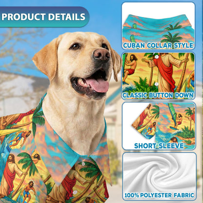 Netecom Matching Funny Jesus Surfing Hawaiian Shirt for Dog and Owner, Aloha Summer Shirt, Surf Wave Print Outfit for Pet and Human, Beach Vacation Casual Wear